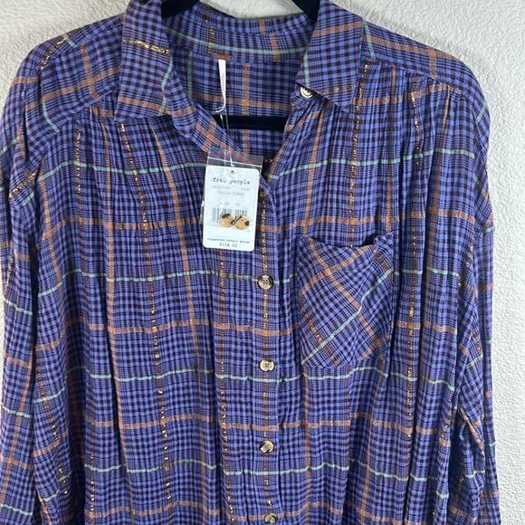 Free People Break My Stride Metallic Plaid Oversized Button Down Violet XS - Picture 5 of 11